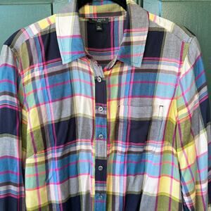 Talbots Plaid Rayon Button Back Tunic Shirt MP Multicolor Fall Preppy Layering